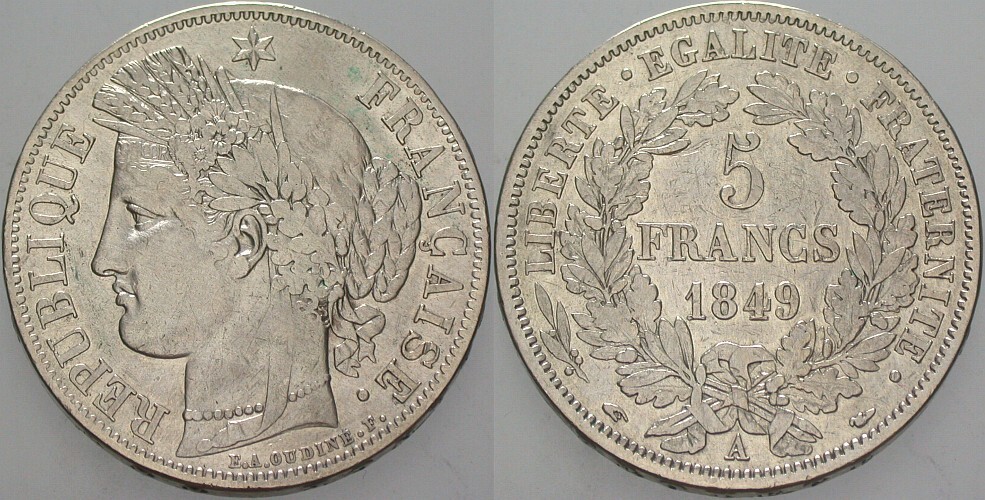5 Francs 1849 K.M. 761.1 Kl. Rdf., sehr schön