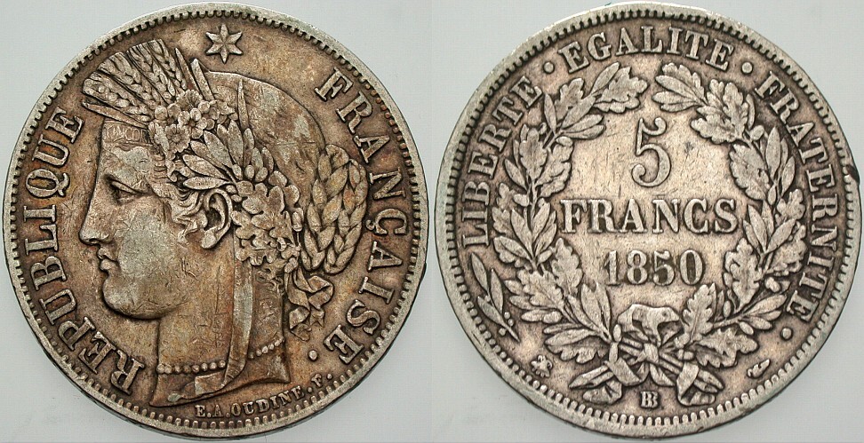 5 Francs 1850 Gadoury 719 Wz. Rdf., sehr schön
