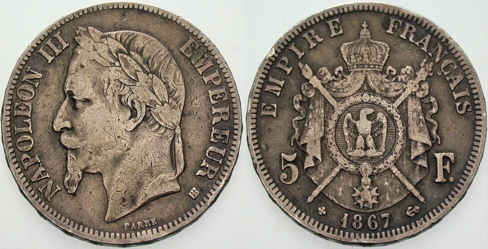 5 Francs 1867 Gadoury 739 Rdf., fast sehr schön