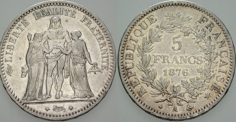 5 Francs 1876 Gadoury 745 a Wz. Kratzer, sehr schön