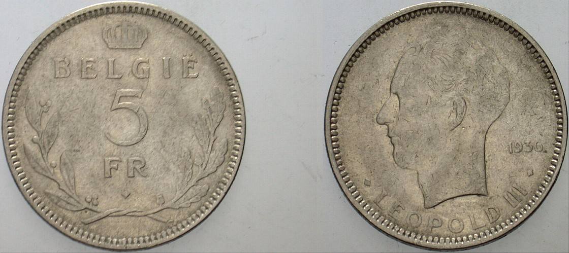 5 Francs 1936 KM. 109.1 Sehr schön