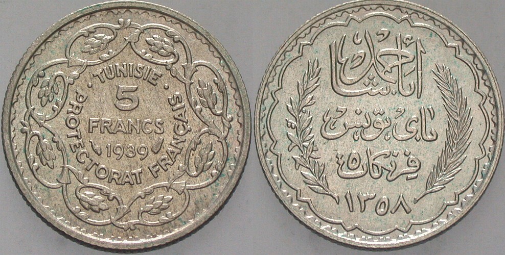 5 Francs 1939 (AH1358) KM 264 Patina, vorzüglich
