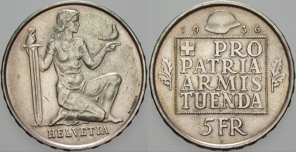 5 Franken 1936  Patina, vorzüglich +