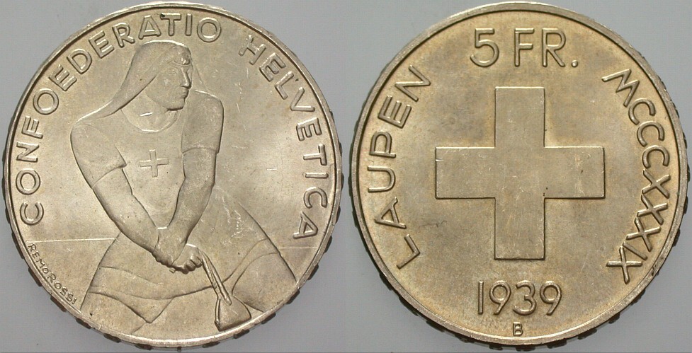 5 Franken 1939 Divo/Tobler 330 Patina, vorzüglich - Stempelglanz