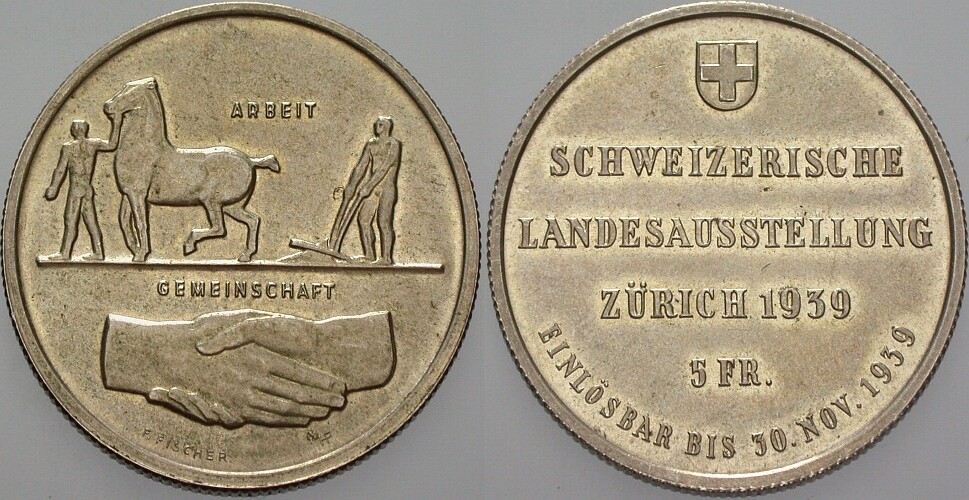 5 Franken 1939  Patina, vorzüglich +