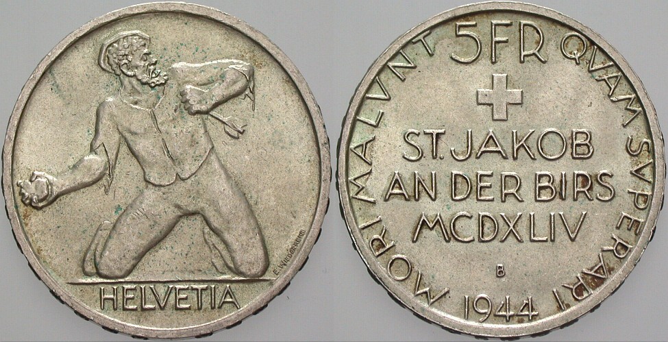 5 Franken 1944  Patina, vorzüglich - Stempelglanz