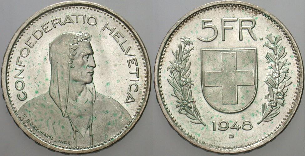 5 Franken 1948  Etwas Belag, sonst fast Stempelglanz