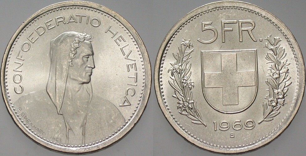 5 Franken 1969  Prachtexemplar, fast Stempelglanz
