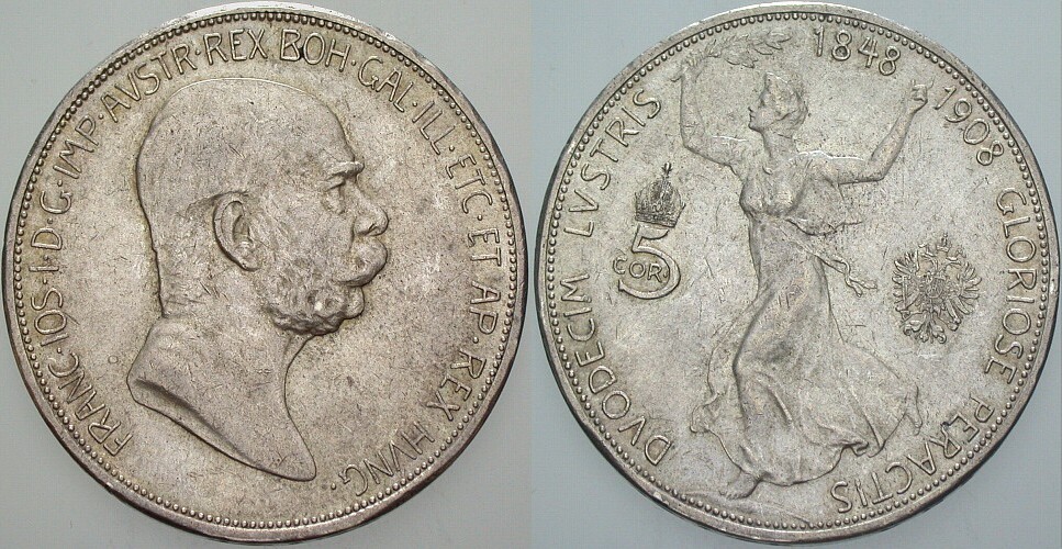 5 Kronen 1908 Jl. 397 Herinek 771 Patina,, sehr schön - vorzüglich