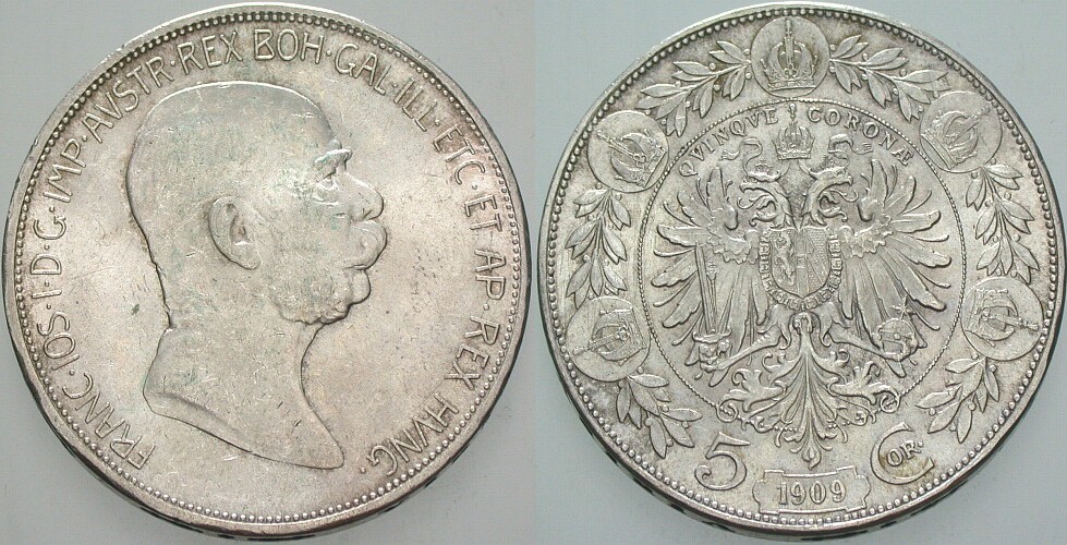 5 Kronen 1909 Jl. 380 Patina, fast Stempelglanz