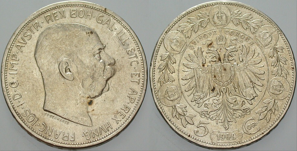 5 Kronen 1909 Jl. 385 Gutes sehr schön