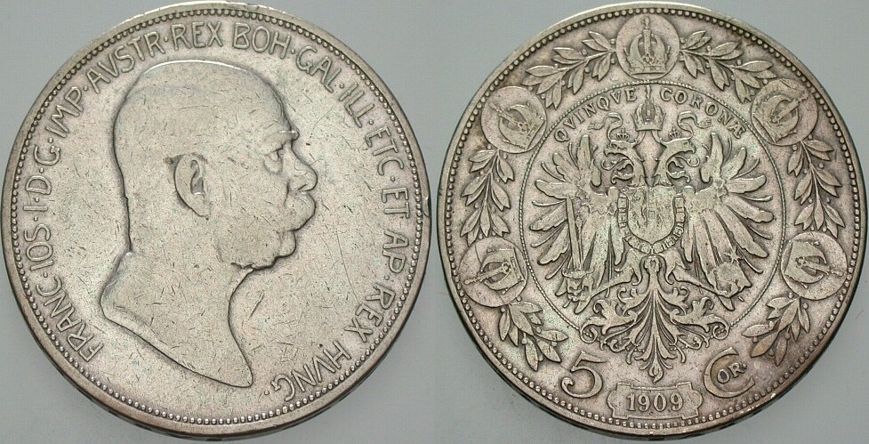 5 Kronen 1909 Jl. 385 Wz. Rdf., sehr schön