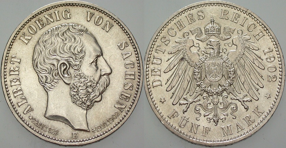 5 Mark 1902 J. 128 Wz. Rdf., vorzüglich - Stempelglanz