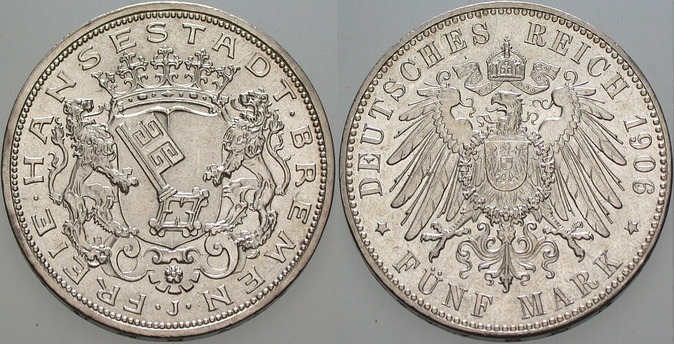 5 Mark 1906 J. 60 Vorzüglich - Stempelglanz