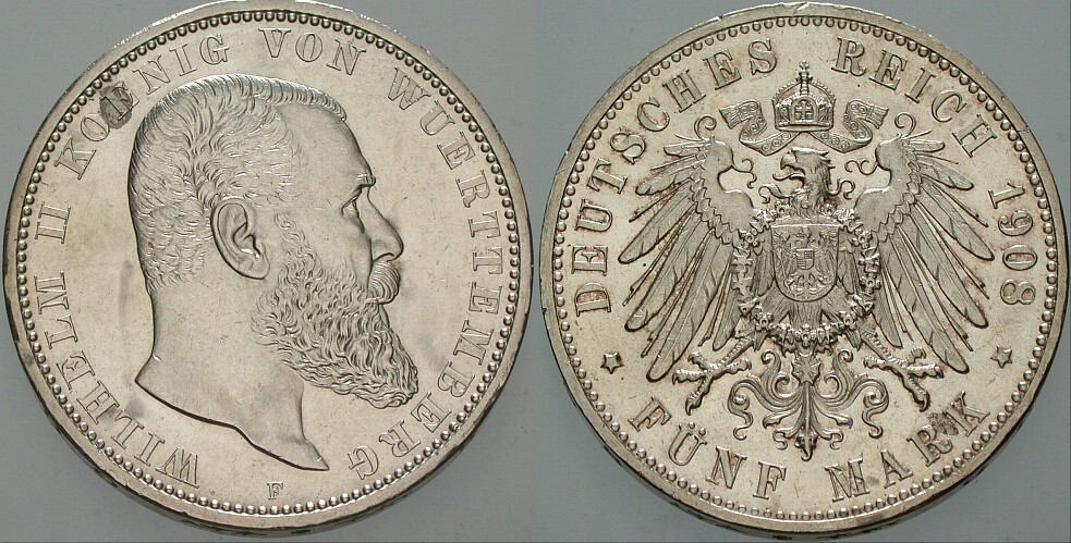 5 Mark 1908 J. 176 Wz.Rdf., kl. Fleck, sonst vorzüglich + / voruüglich - Stempelglanz
