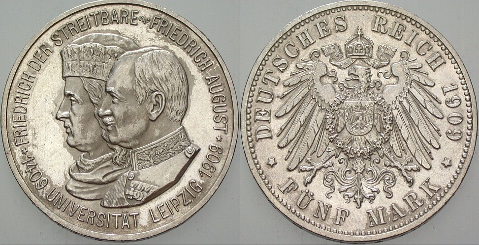 5 Mark 1909 J. 139 Patina, wz. Kratzer, vorzüglich - Stempelglanz