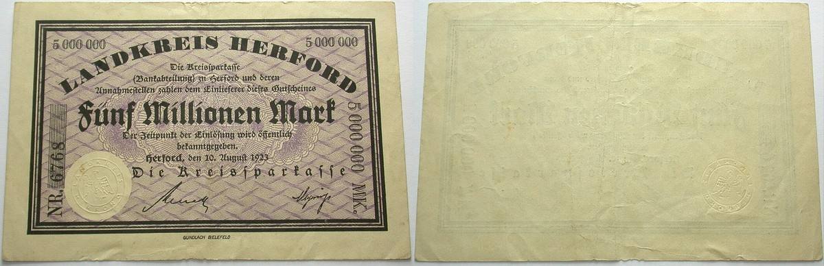 5 Millionen Mark 10.August 1923 Topp 443.04 Gebraucht