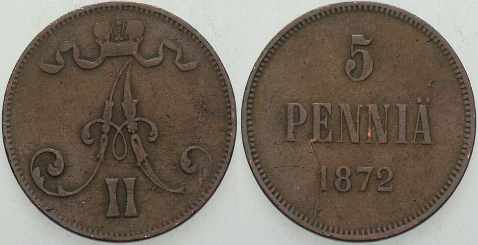 5 Penniä 1872 KM. 4.2 Fast sehr schön