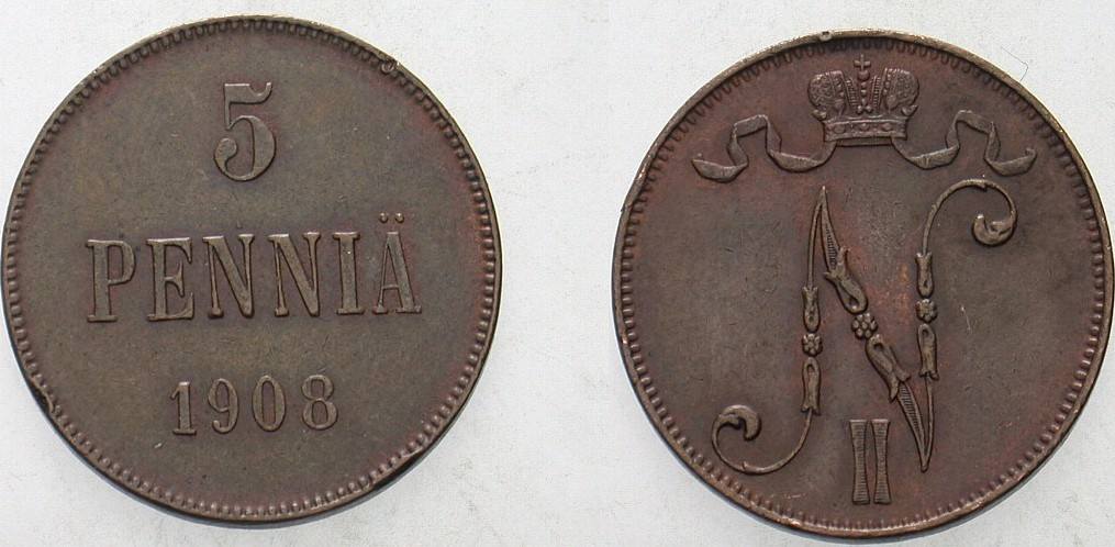 5 Penniä 1908 Bitkin 449 Kl. Randfehler, sehr schön