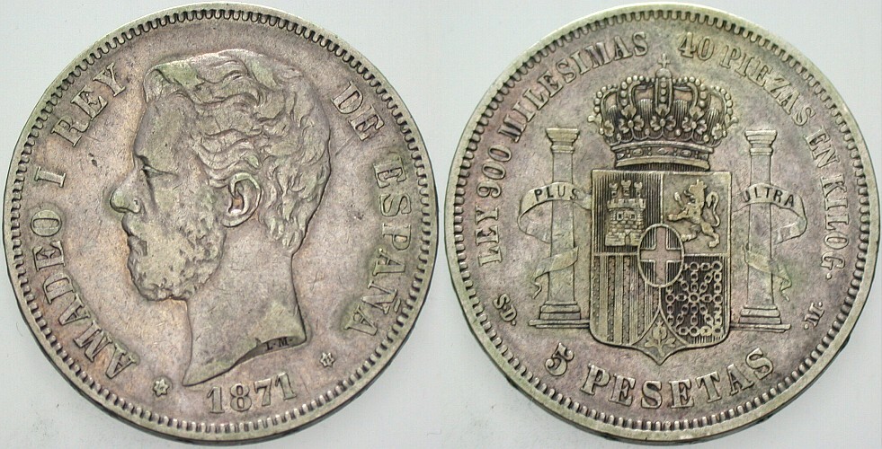 5 Peseten 1871 (1871) KM. 666 Sehr schön