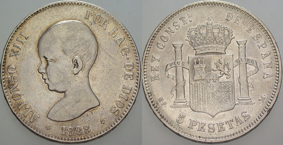 5 Peseten 1888 (88) KM. 689 Gutes sehr schön
