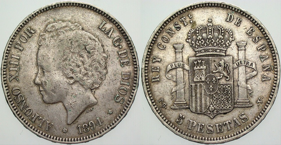 5 Peseten 1894 KM. 700 Sehr schön