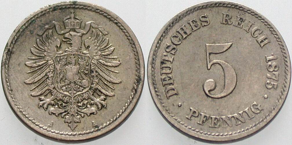 5 Pfennig 1875 J. 3 Fleckig, sehr schön +