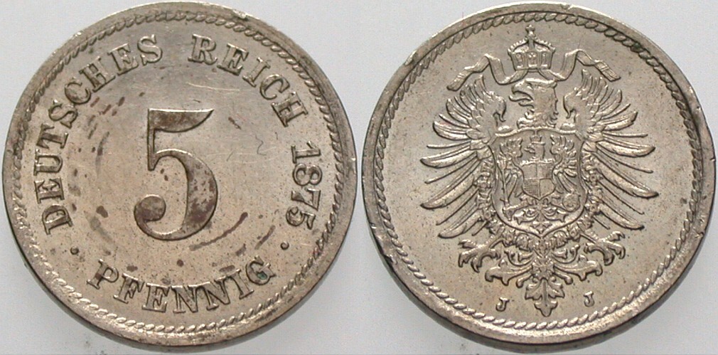 5 Pfennig 1875 J. 3 Fleckige Patina, winz. Randfehler, fast Stempelglanz