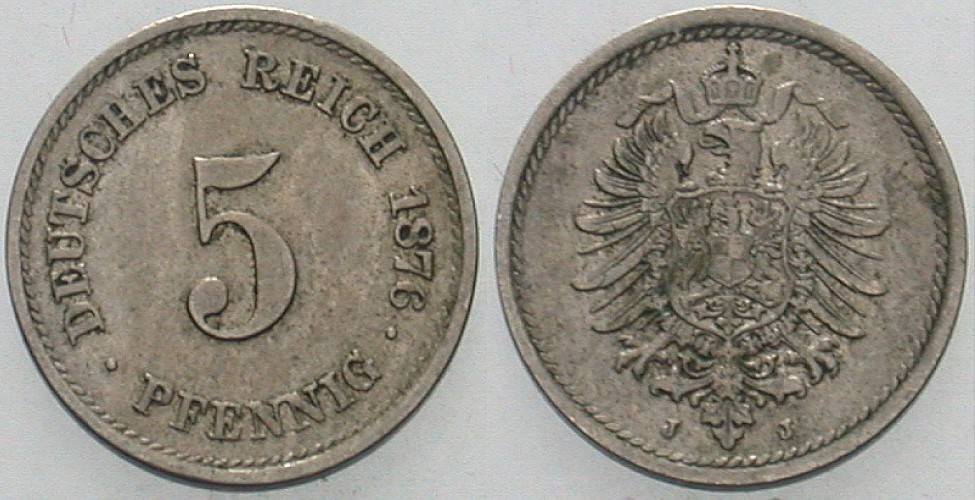 5 Pfennig 1876 J. 3 Patina, vorzüglich