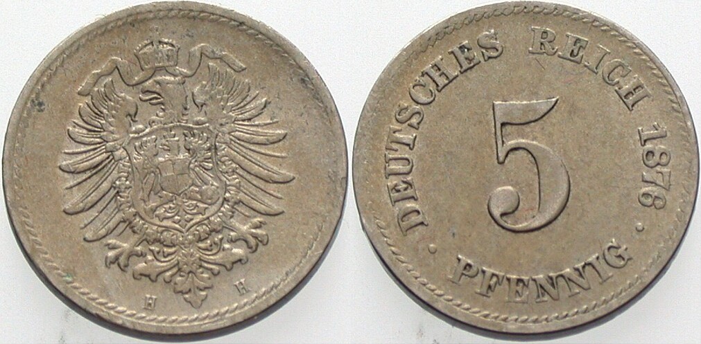 5 Pfennig 1876 J. 3 Prägeschwäche, sonst gutes vorzüglich