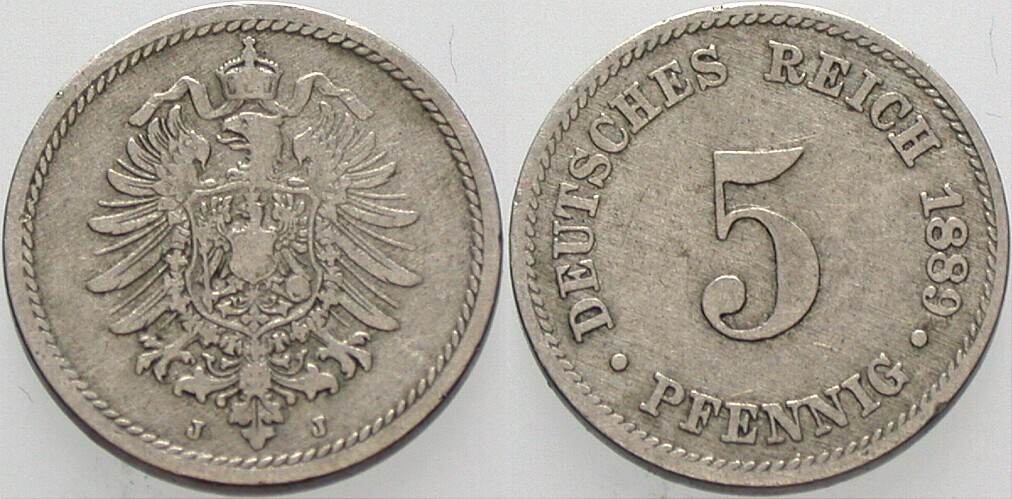 5 Pfennig 1889 J. 3 sehr schön