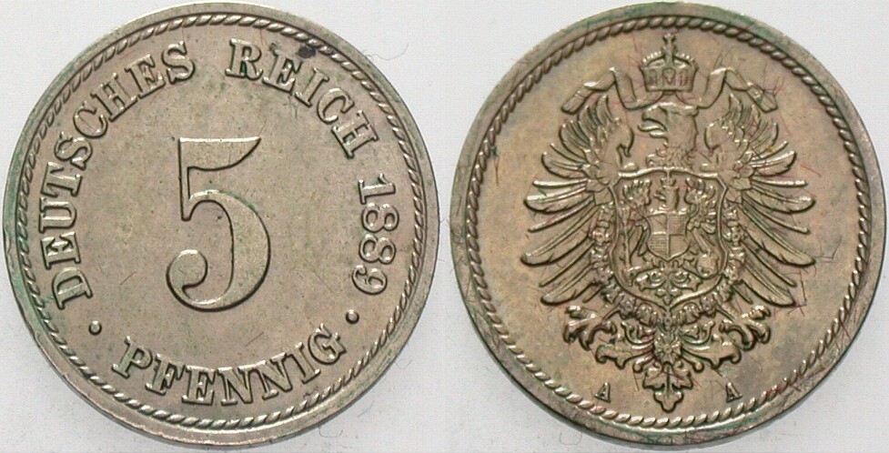 5 Pfennig 1889 J. 3 Vorzüglich