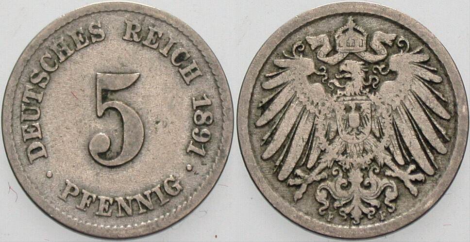 5 Pfennig 1891 J. 12 Fast sehr schön