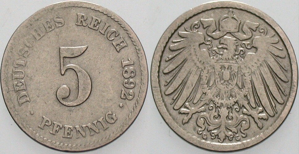 5 Pfennig 1892 J. 12 fast sehr schön