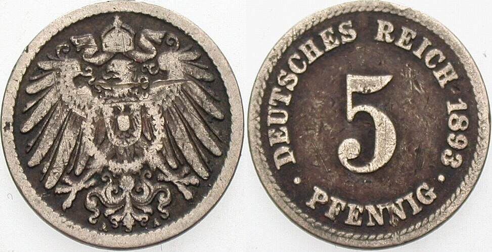 5 Pfennig 1893 J. 12 Fast sehr schön