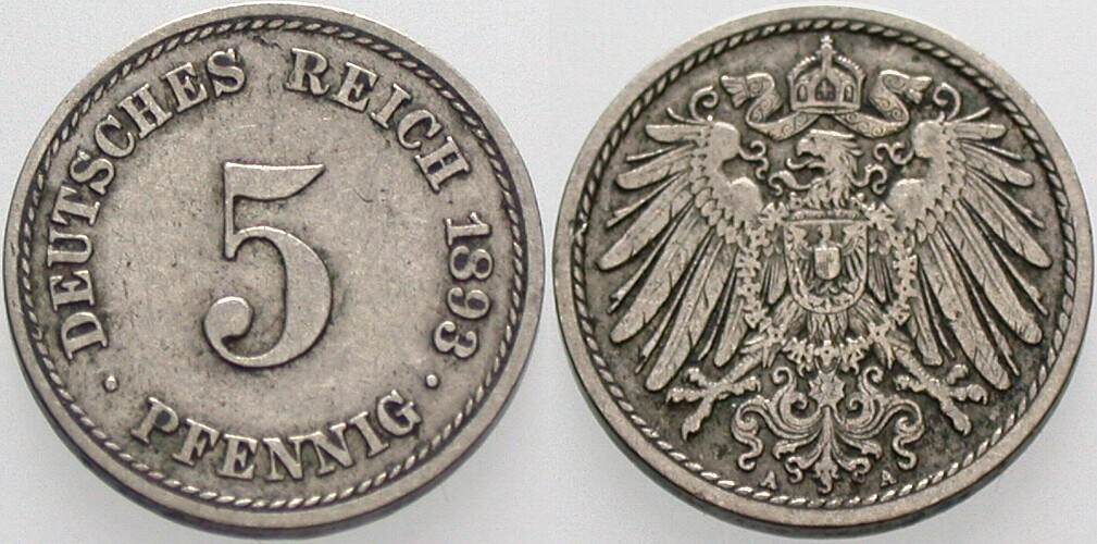 5 Pfennig 1893 J. 12 Sehr schön