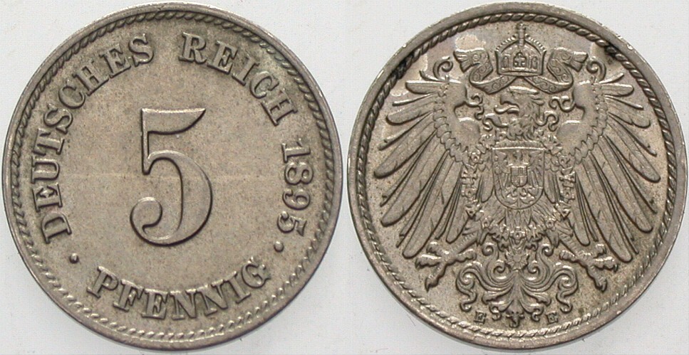 5 Pfennig 1895 J. 12 Patina, fast Stempelglanz