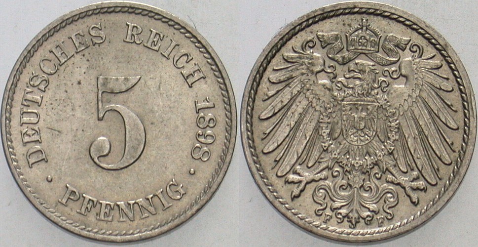 5 Pfennig 1898 J. 12 Patina, vorzüglich +