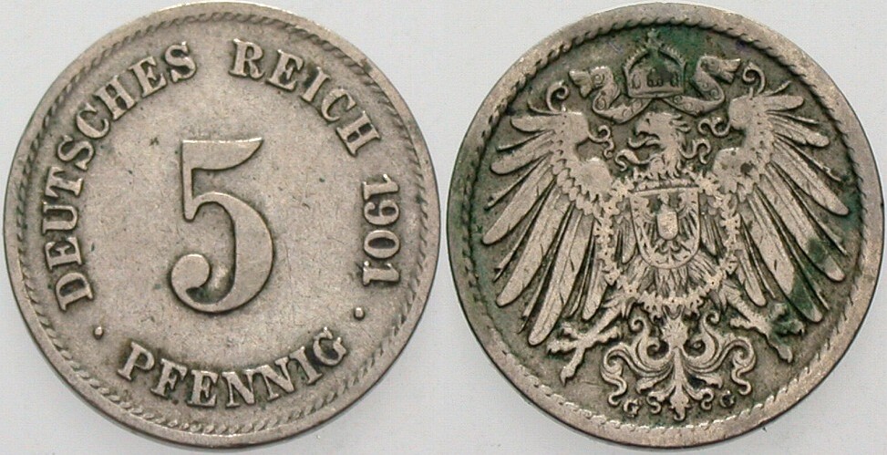 5 Pfennig 1901 J. 12 fast sehr schön