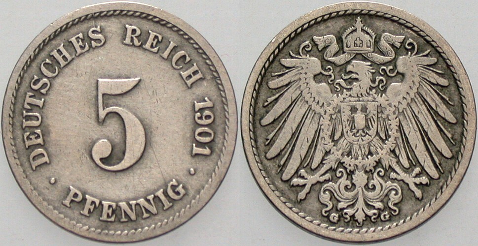 5 Pfennig 1901 J. 12 sehr schön