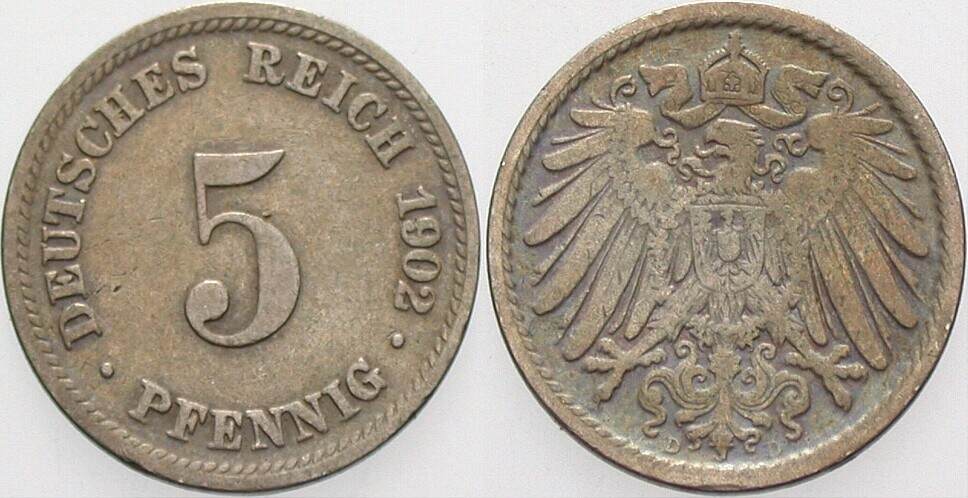 5 Pfennig 1902 J. 12 fast sehr schön