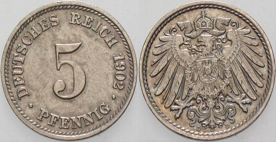5 Pfennig 1902 J. 12 sehr schön +