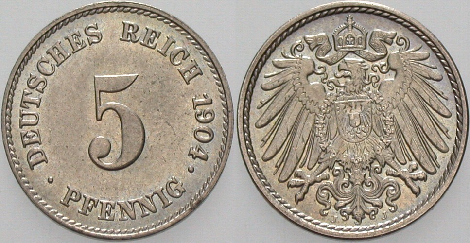 5 Pfennig 1904 J. 12 Vorzüglich - Stempelglanz