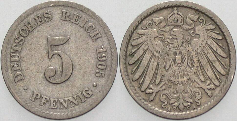 5 Pfennig 1905 J. 12 Fast sehr schön
