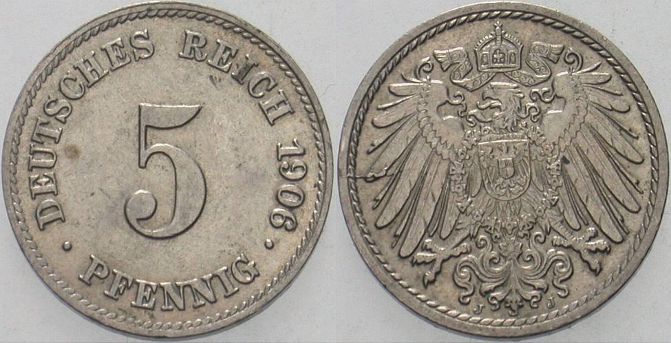 5 Pfennig 1906 J. 12 Patina, vorzüglich +