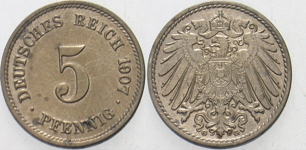 5 Pfennig 1907 J. 12 Fleckige Patina, vorzüglich - Stempelglanz