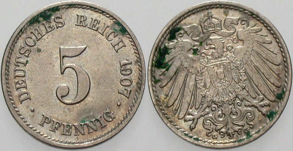 5 Pfennig 1907 J. 12 Fleckiger Belag, sonst vorzüglich - Stempelglanz