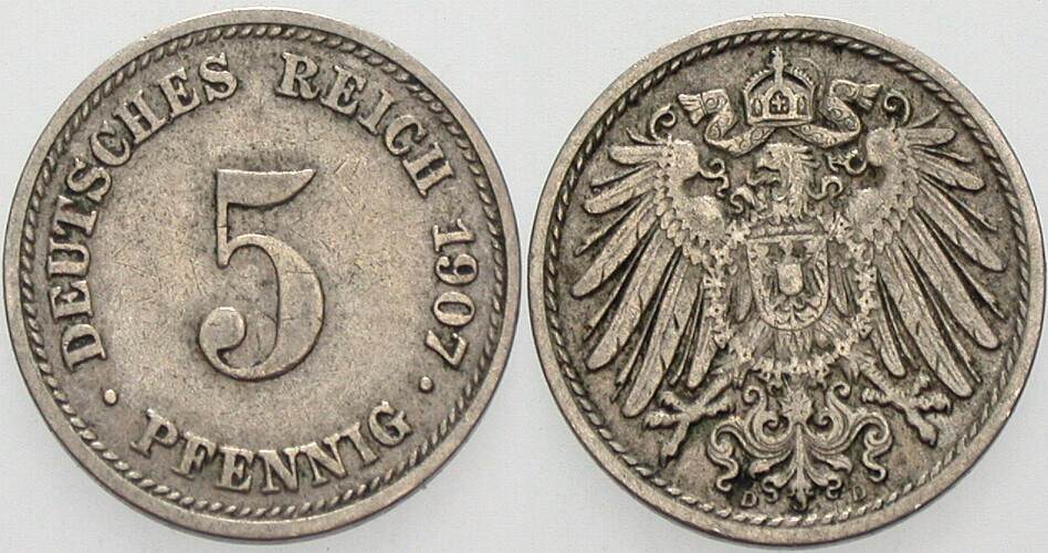 5 Pfennig 1907 J. 12 Sehr schön