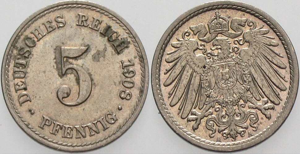 5 Pfennig 1908 J. 12 Belag, vorzüglich - Stempelglanz