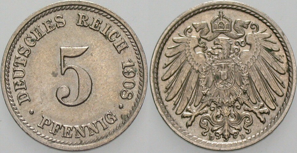 5 Pfennig 1908 J. 12 fast Stempelglanz